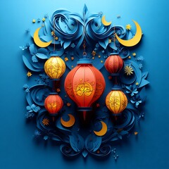 Fototapete - Bold paper cut style illustration with vibrant lanterns arranged in a swirling pattern surrounded by crescent moons on a deep blue background providing space for text on the right