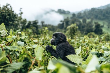 Canvas Print - A young gorilla sits among lush greenery in a mountainous habitat.