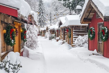 Canvas Print - Snow-covered village path with festive decorations and wreaths.