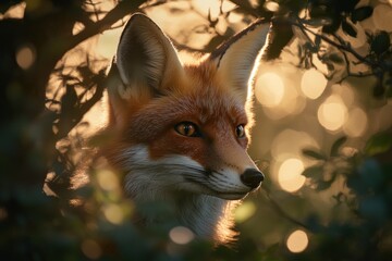 Sticker - A close-up of a fox's face surrounded by foliage, illuminated by soft, glowing light.