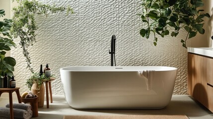 Poster - A serene bathroom featuring a freestanding tub surrounded by plants and natural decor.