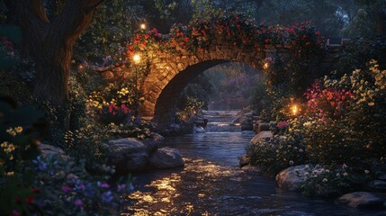 Sticker - A serene garden scene with a stone bridge, colorful flowers, and a flowing stream.