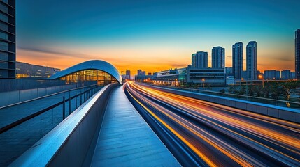 Poster - A vibrant urban scene at dusk, showcasing a modern transit system and city skyline.