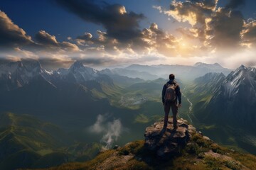 Canvas Print - Photo of a backpacker on the top of the mountain.