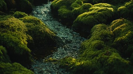 Canvas Print - A serene stream flows through lush green moss, creating a tranquil natural scene.