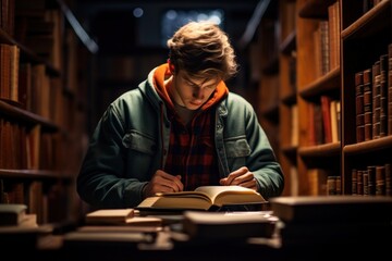 Canvas Print - A person reading a book library publication concentration.