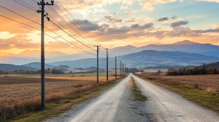 Poster - Serene Country Road with Mountain View at Sunset