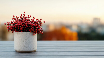 Poster - Red berries bouquet in vase standing on empty wooden table with a cityscape in the background