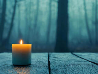 Aufkleber - Single candle burning on an empty table in a dark forest, creating a mysterious and evocative atmosphere
