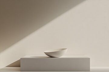 Poster - A minimalist ceramic bowl elegantly placed on a neutral pedestal with soft light casting shadows in a peaceful setting. Generative AI
