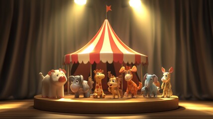 Sticker - A colorful carousel featuring playful animal figurines under spotlight.