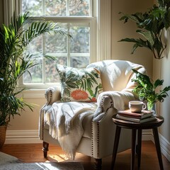 Sticker - A cozy reading nook with a chair, plants, and natural light.