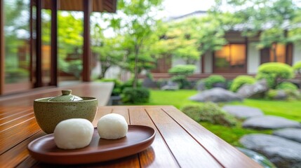 Poster - A serene garden setting with traditional snacks and tea on a wooden table.