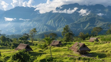 Poster - Mountainous Landscape with Huts