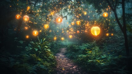 Wall Mural - A mystical forest path illuminated by glowing lanterns, creating an enchanting atmosphere.