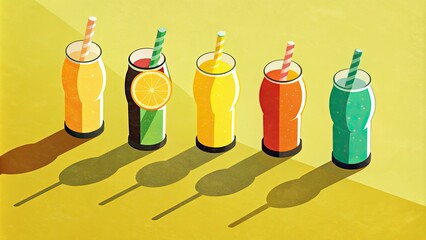 Poster - Colorful soda bottles casting long shadows on a yellow surface.