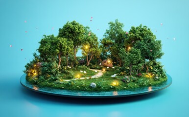 Wall Mural - A miniature forest scene with vibrant greenery, a winding path, and glowing lights.