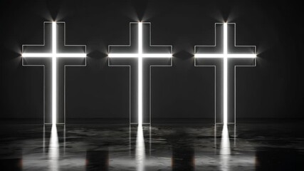 Poster - Three glowing white crosses stand in a dark, reflective space