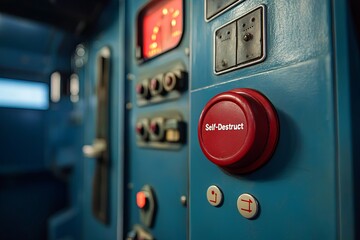 Poster - Close-up of a self-destruct button on a control panel in a blue room with various gauges and switches from a machine. Generative AI
