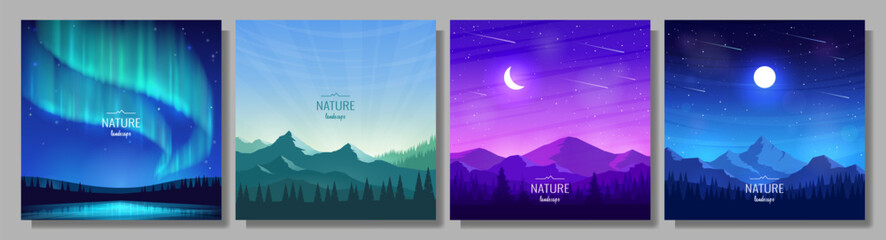 Wall Mural - a collection of 4 mountain landscapes. aurora borealis, moon over mountains, night sky, sunset or su