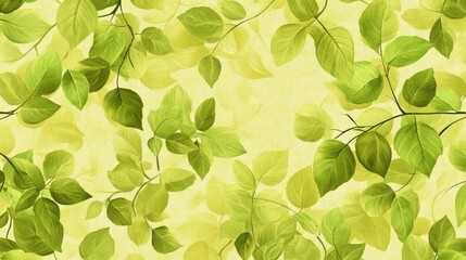 Canvas Print - A vibrant pattern of green leaves on a soft yellow background, ideal for nature-themed designs.