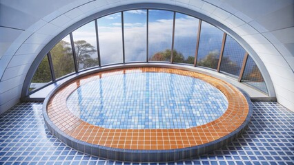 Poster - Indoor pool with a large window overlooking a scenic view.