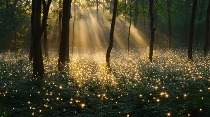 Poster - A serene forest scene illuminated by sunlight, creating a magical atmosphere with sparkling light.