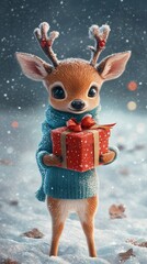 Adorable cartoon reindeer in a cozy blue sweater holds a festive red gift box, standing in snowy scene with twinkling lights and falling snowflakes around.