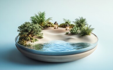 Sticker - A miniature tropical landscape with sand, water, and greenery in a bowl.