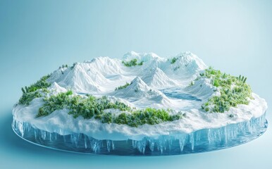 Poster - A stylized icy landscape with mountains, greenery, and water, showcasing nature's beauty.