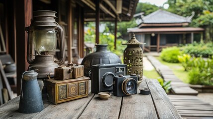 Sticker - Vintage cameras and artifacts on a wooden table in a serene outdoor setting.