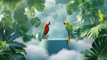 Canvas Print - Two vibrant parrots perched on a pedestal surrounded by lush foliage and clouds.