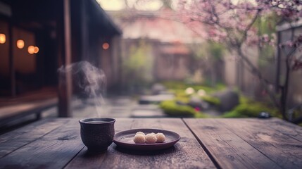 Poster - A serene setting with a steaming drink and sweet dumplings on a wooden table in a tranquil garden.