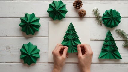 Woman assembling diy christmas decoration using green origami paper