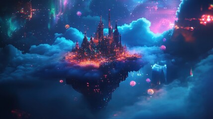 Wall Mural - a mystical floating castle amidst colorful clouds and cosmic elements.