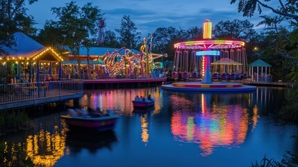 Wall Mural - Colorful amusement park scene at dusk with rides reflecting on water.