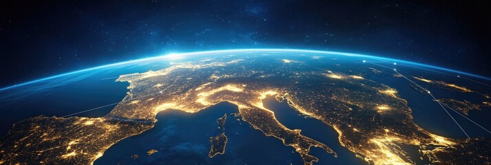 Wall Mural - planet earth with map and global network lines in a dark blue background.