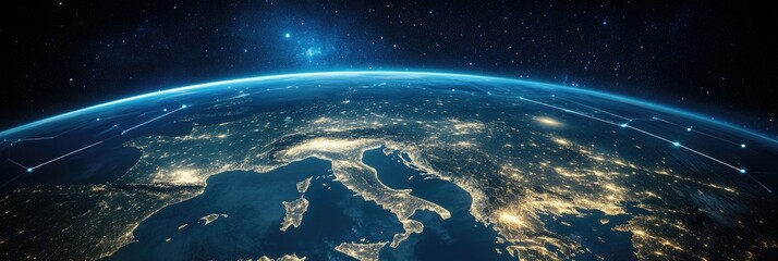Wall Mural - planet earth with map and global network lines in a dark blue background.