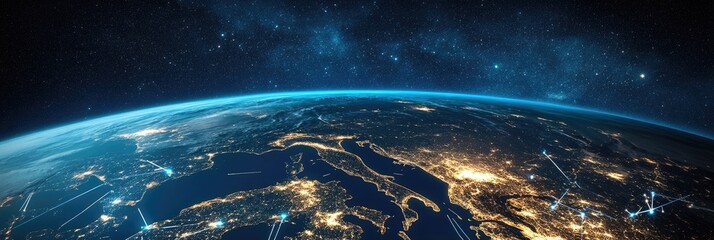 Wall Mural - planet earth with map and global network lines in a dark blue background.