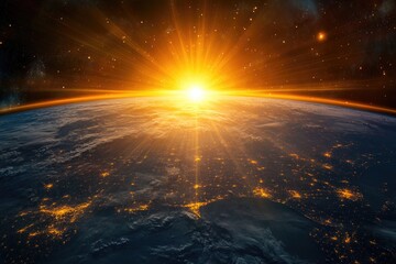 Wall Mural - view of the planet earth and sun rays.