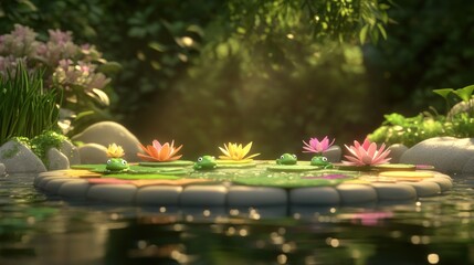 Wall Mural - A serene pond scene featuring colorful water lilies and frogs amidst lush greenery.