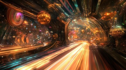 Poster - A vibrant, abstract representation of a cosmic tunnel with glowing orbs and light trails.