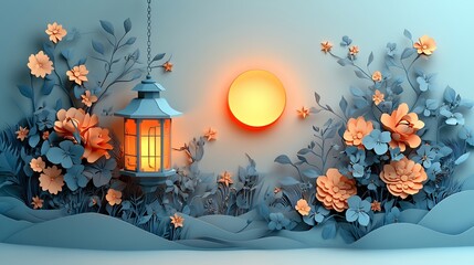 Poster - Captivating paper cut style design showcasing a single detailed lantern surrounded by ornate floral and star motifs on a light background creating room for text in the center