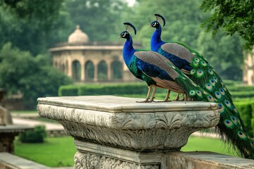 Canvas Print - Two peacocks perched on a stone ledge in a lush garden setting.