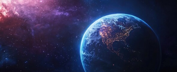Wall Mural - planet earth with city lights at night, a space concept.