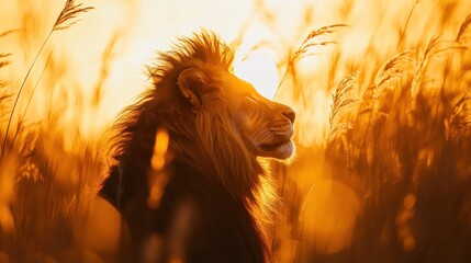 Poster - A majestic lion silhouetted against a golden sunset, surrounded by tall grasses.