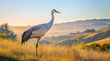 Sticker - A solitary crane stands gracefully in a sunlit landscape with rolling hills in the background.