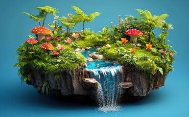 Poster - A vibrant, miniature floating landscape with a waterfall, mushrooms, and lush vegetation.