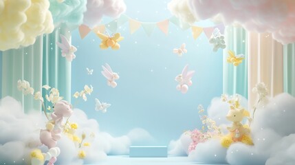 Sticker - A whimsical scene with pastel clouds, balloons, and playful animal figures for a festive atmosphere.