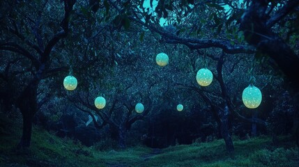 Poster - A serene night scene of glowing lanterns hanging from trees in a lush, darkened orchard.